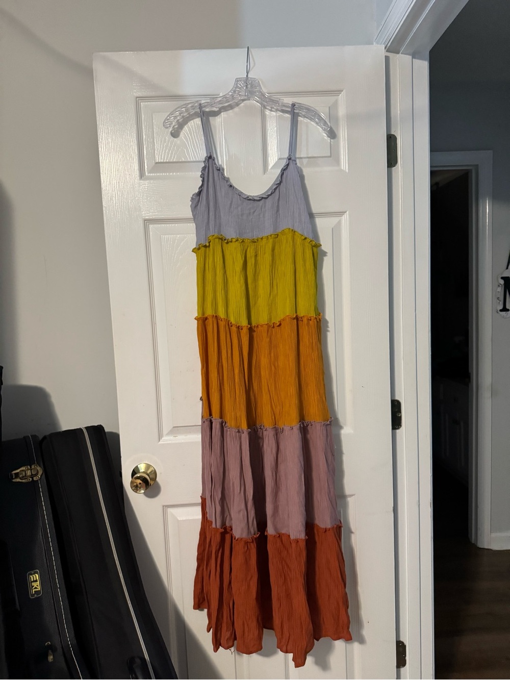 Sleeveless Tiered Maxi Dress in Lavender, Yellow, Orange, Mauve, and Rust